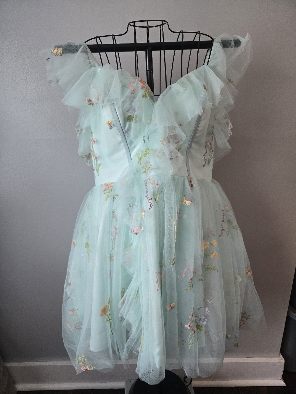 Plus Size 18W Mint Floral Tulle Fairycore Prom Party Dress Lace Up Corset Back
